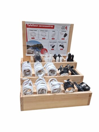 Toonbank display wood telefoonaccessoires (gevuld) 